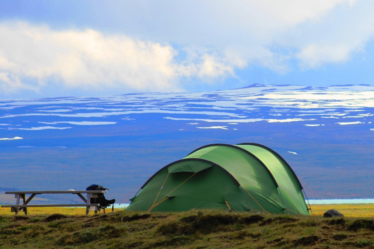 Camping with a view over Langjokull Glacier in Iceland