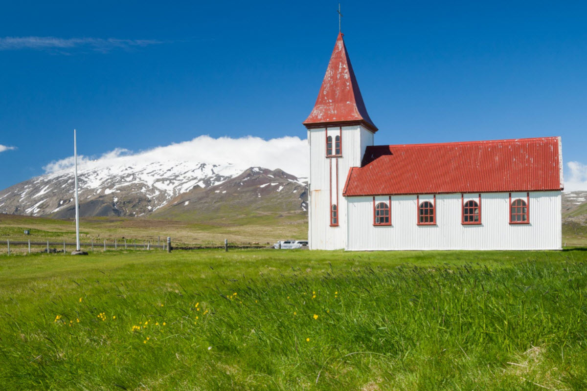 The church in Hellnar in West Iceland with Snæfellsjokull glacier in the background