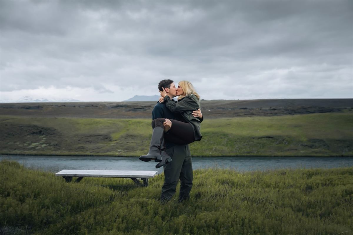 Ivanka Trump and Jared Kushner embracing beside an Icelandic river