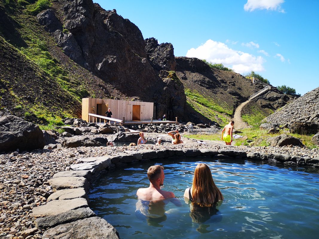 Guests relaxing at Canyon Baths in West Iceland