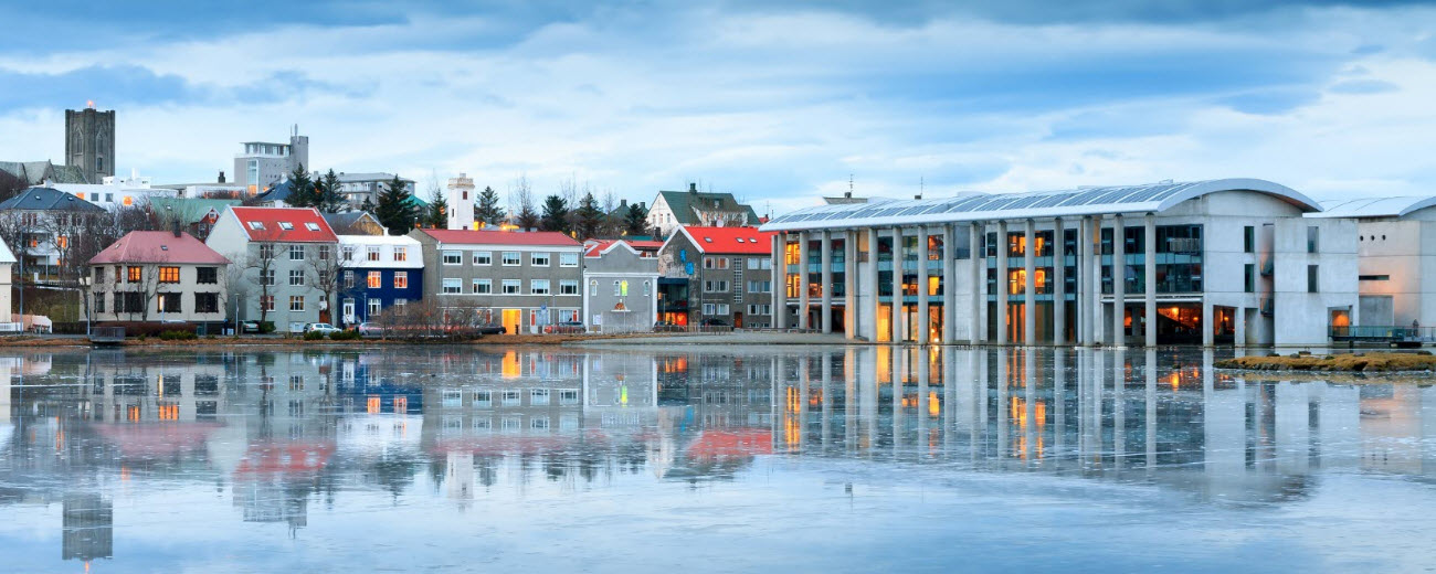 Reykjavík City Hall standing beside Tjörnin pond