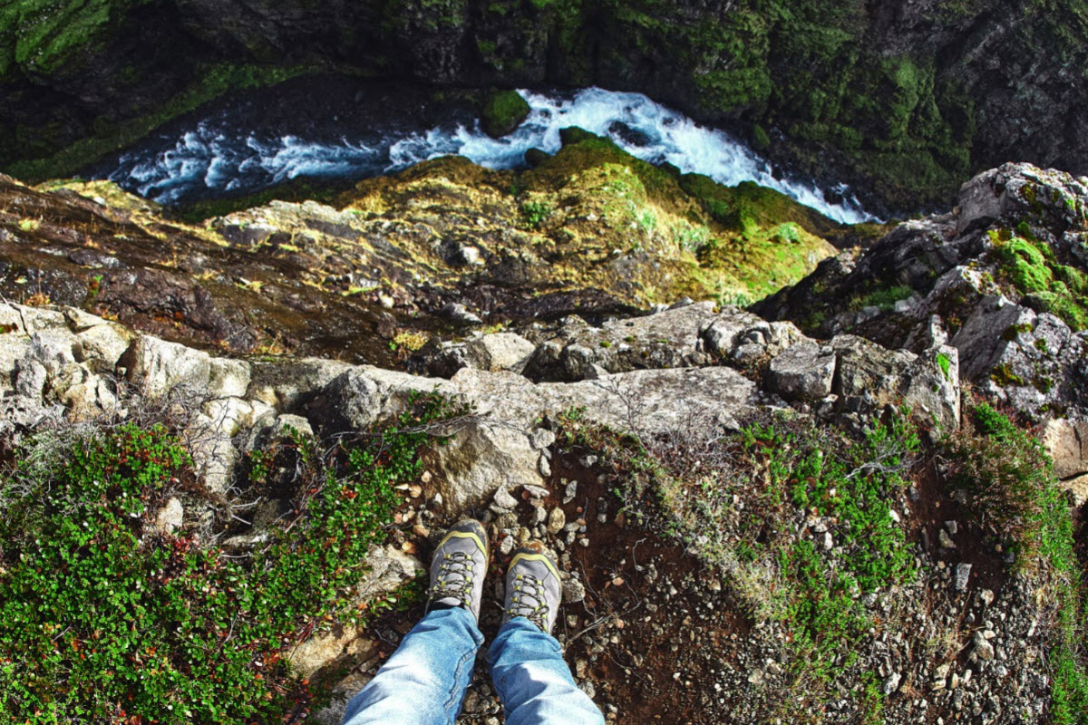Looking down from the cliff at Glymur waterfall