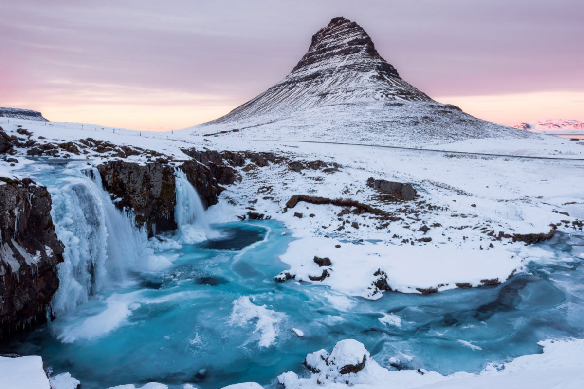 Kirkjufell mountain at winter time