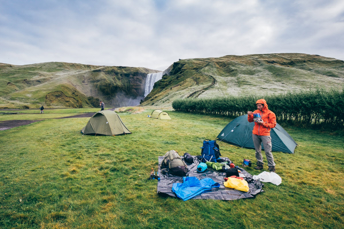 The camping area by the waterfall Skógarfoss
