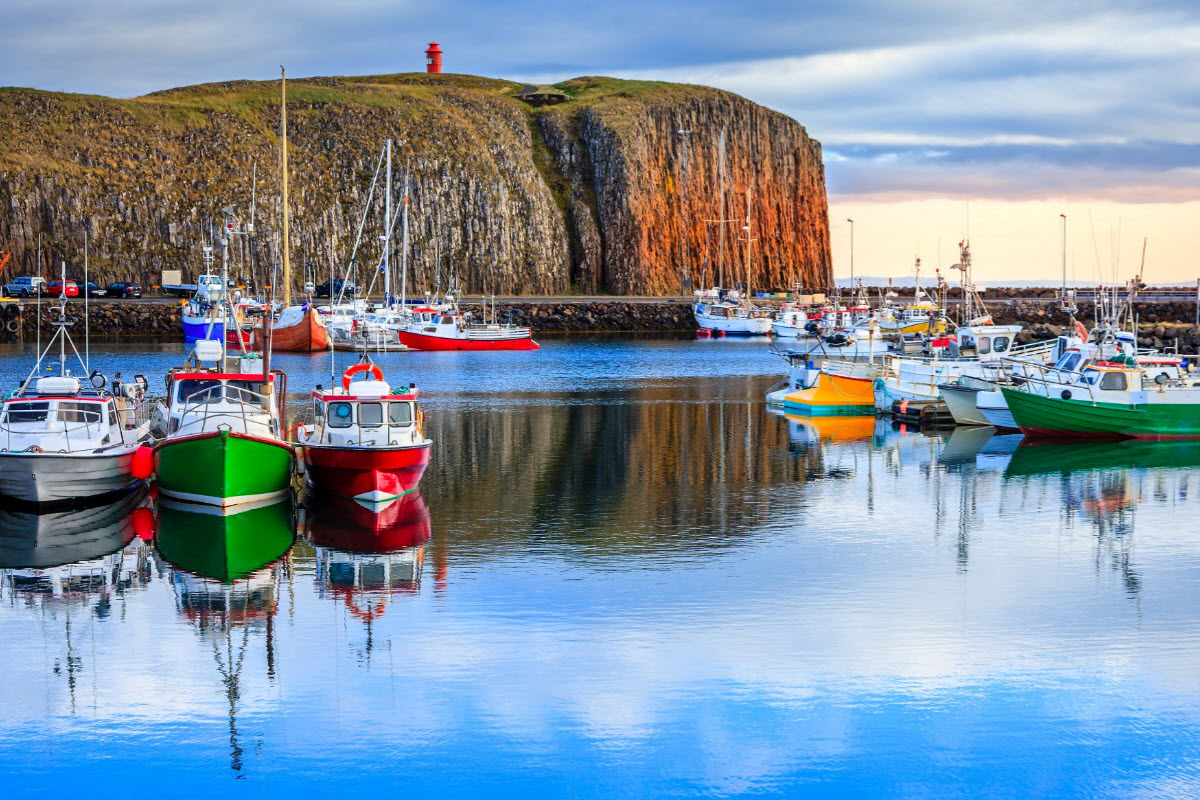 Colorful boats at the Harbor in Stykkisholmur Iceland