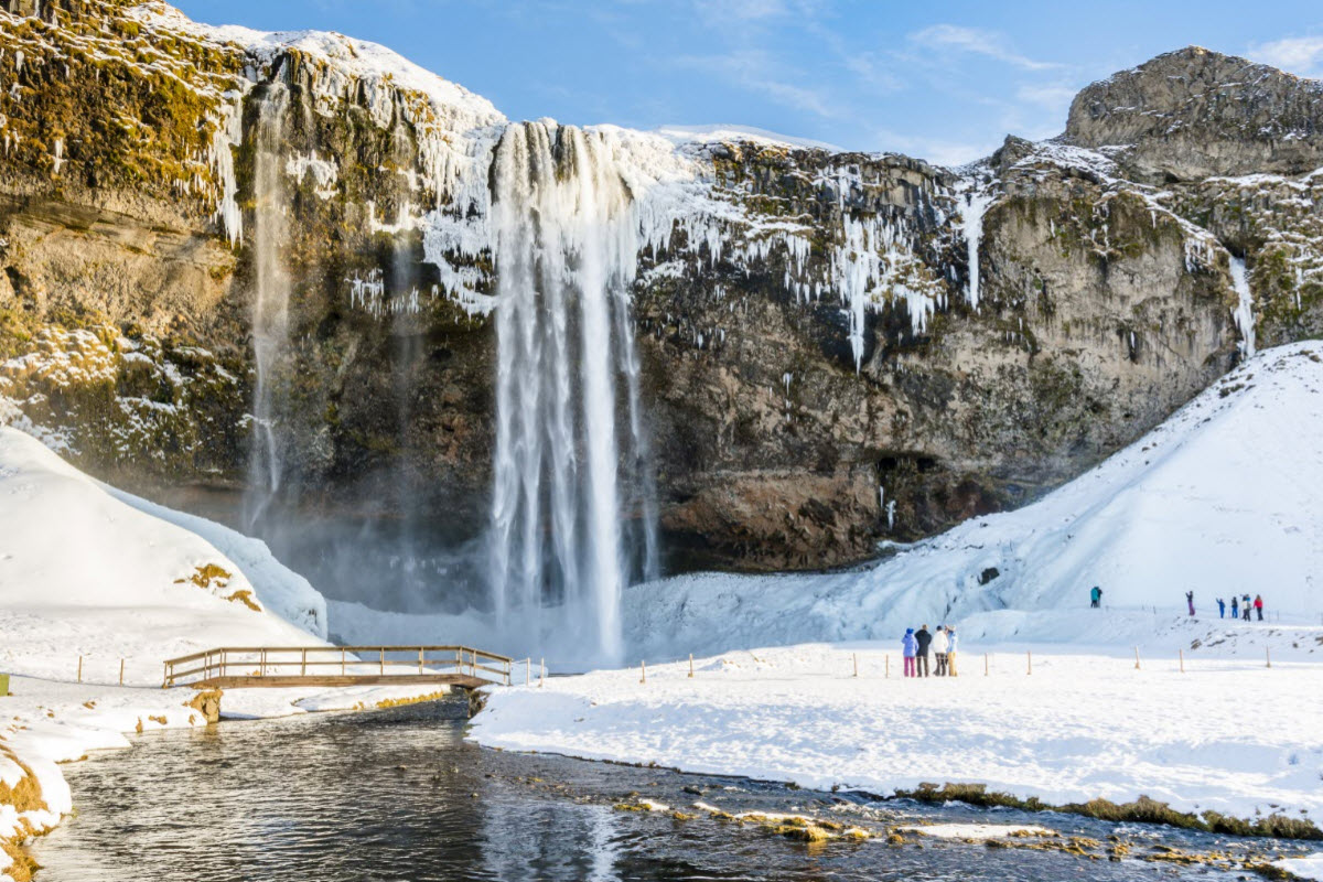 Seljalandsfoss Waterfall in South Iceland looks beautiful during the winter