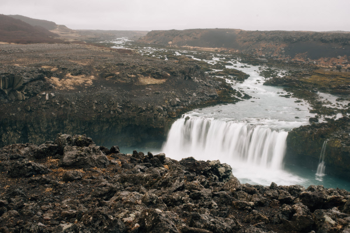 Þjofafoss waterfall runs through Merkurhraun lava field in South Iceland