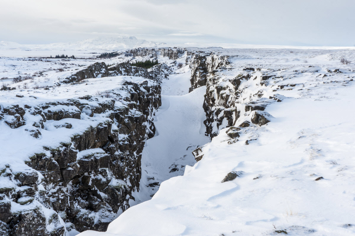 Where the tectonic plates meet at Thingvellir National Park during winter in Iceland