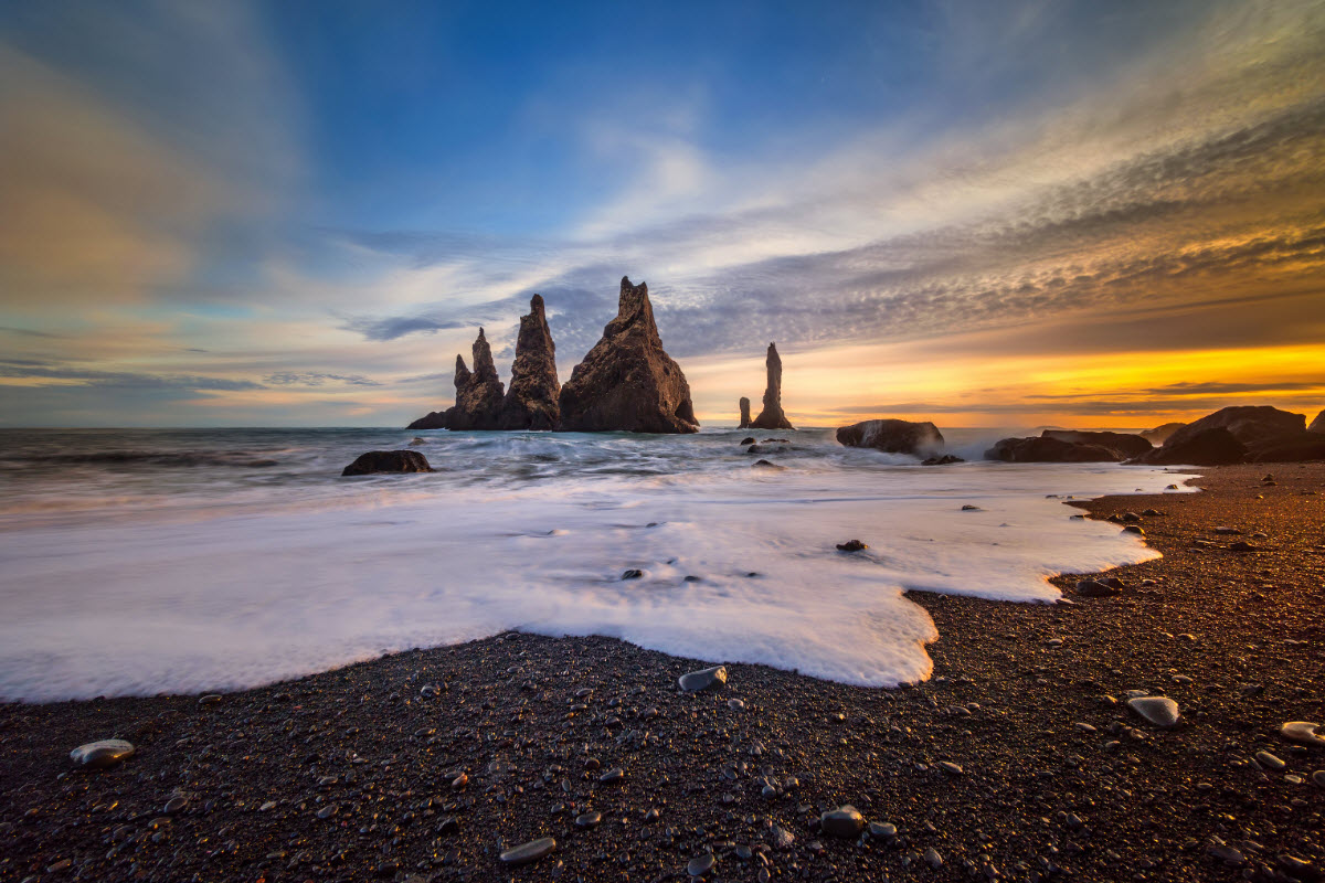 Reynisdrangar in Reynisfjara black sand beach in South Iceland