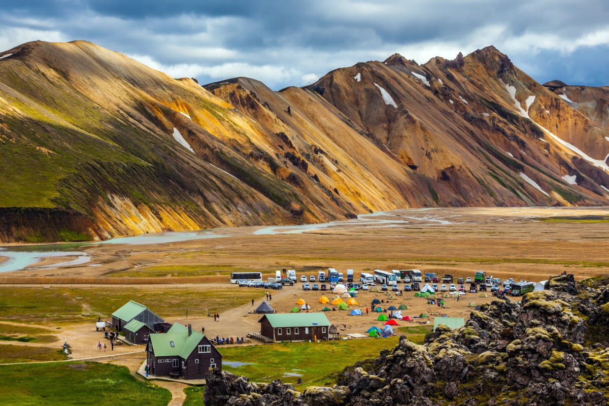 The camp at Landmannalaugar surrounded by mountains of rhyolite and unmelted snow