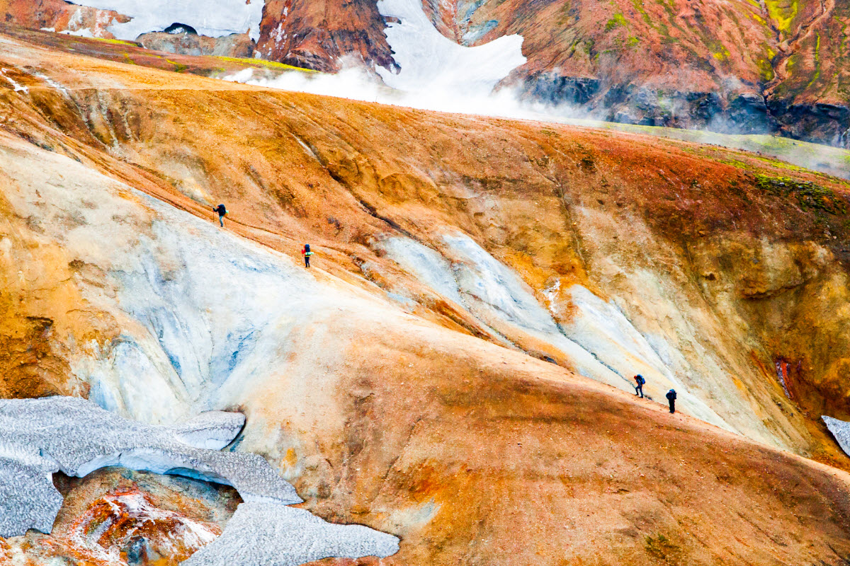 Hikers going up the path at Landmannalaugar on to the Laugavegur trek