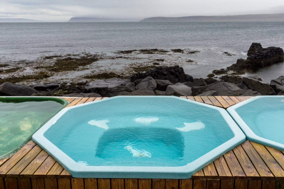 The hot tubs by the shore in Drangsnes is a great place to relax after a long day and maybe meet some locals