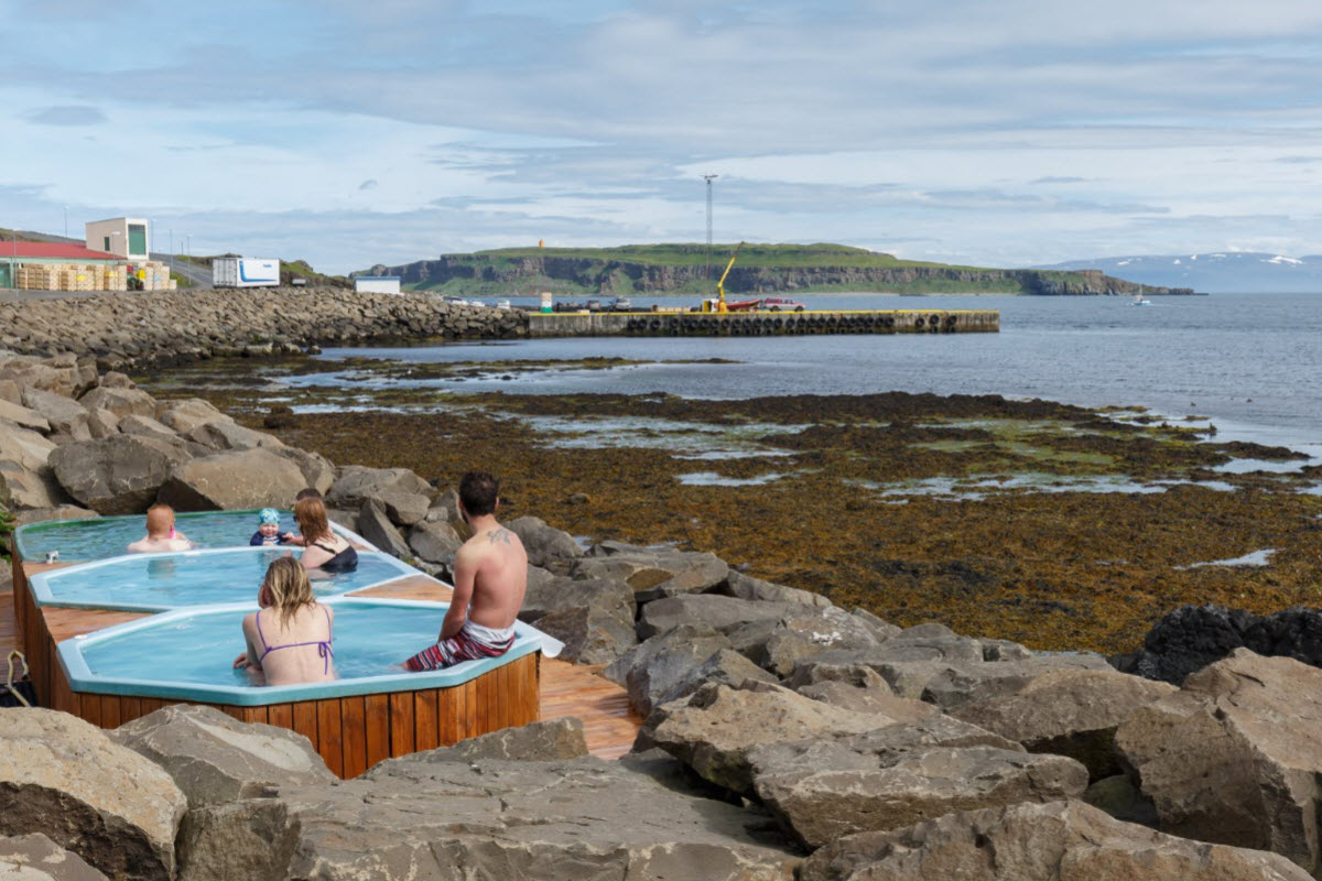 The view over to Grímsey island from the hot tubs in Drangsnes