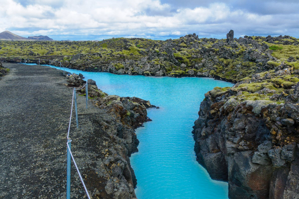 Volcanic landscape and hot pools near the Blue Lagoon, in a lava field in Grindavik