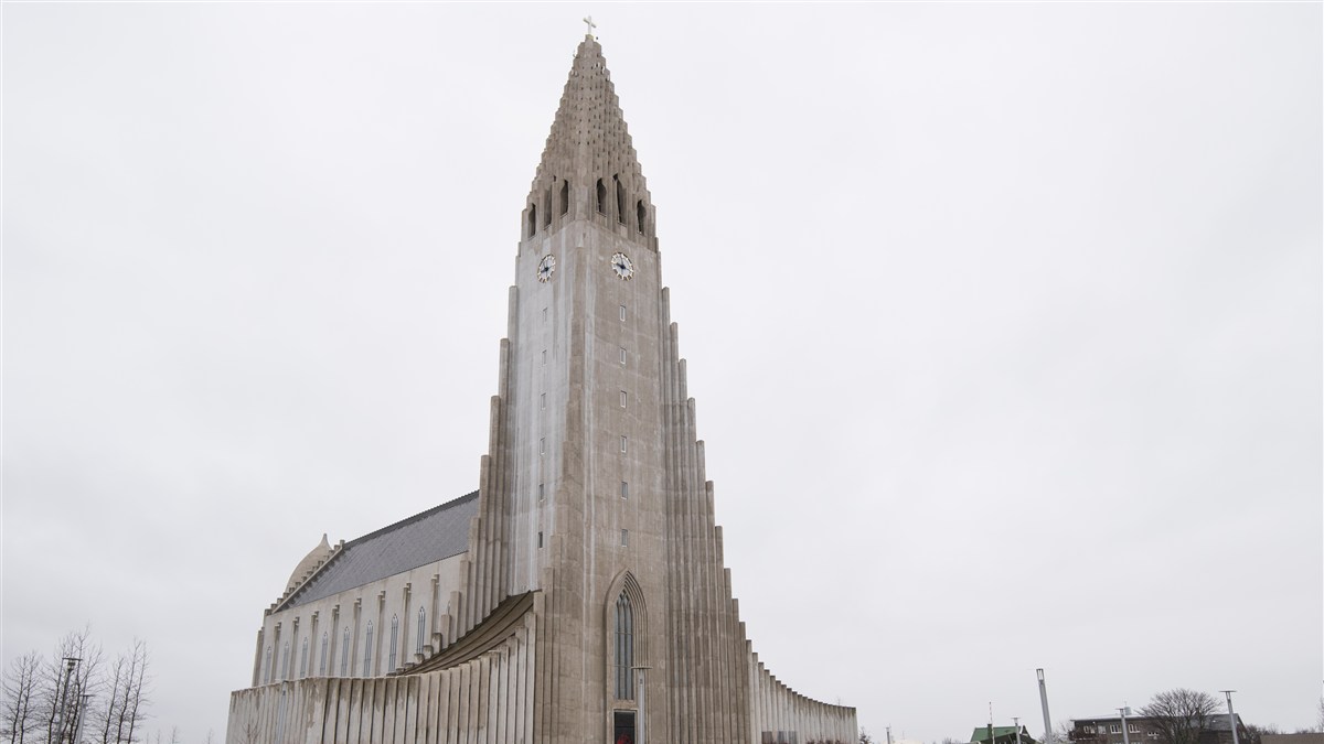 Hallgrímskirkja tower and stepped concrete wings seen from Hallgrímstorg