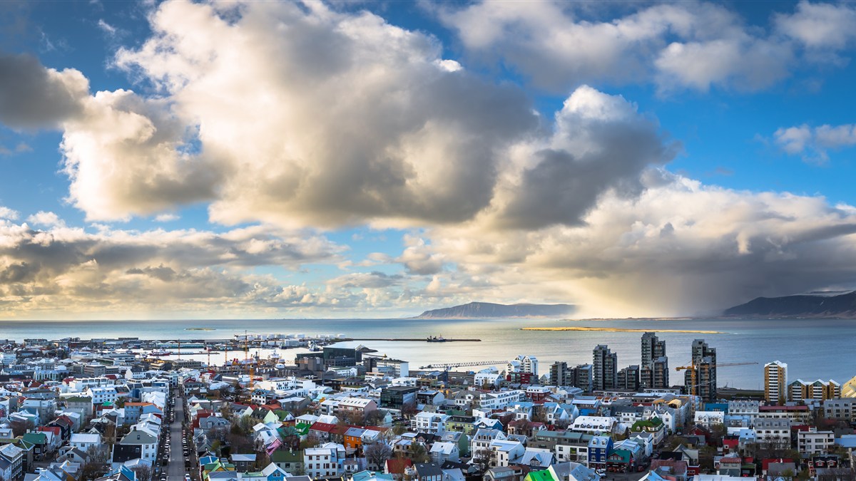 Panoramic view across Reykjavík and Faxaflói Bay from Hallgrímskirkja tower