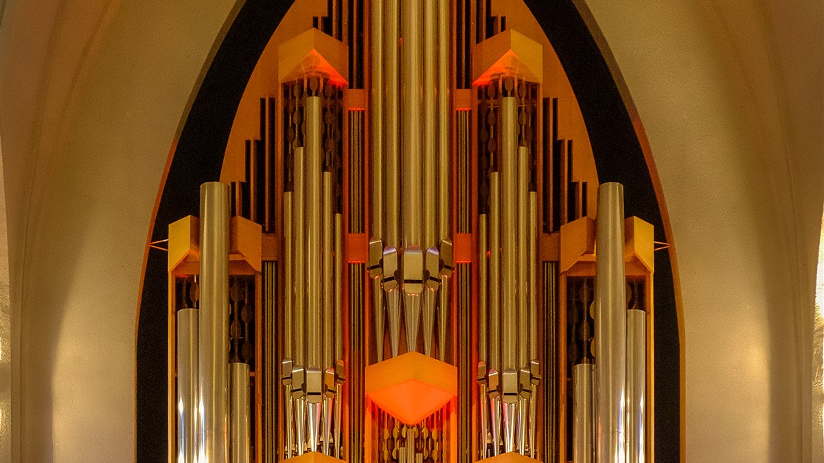 Close view of the Klais concert organ pipes inside Hallgrímskirkja