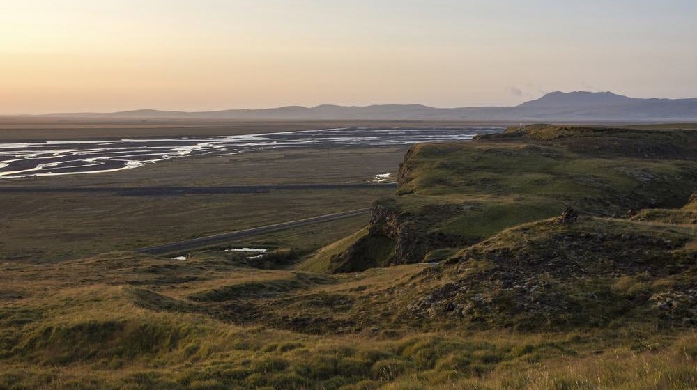 Sunset over a river valley in Thorsmork, Iceland