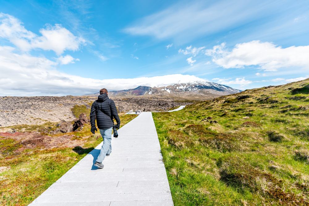 Wooden walking path through lava near Djúpalónssandur
