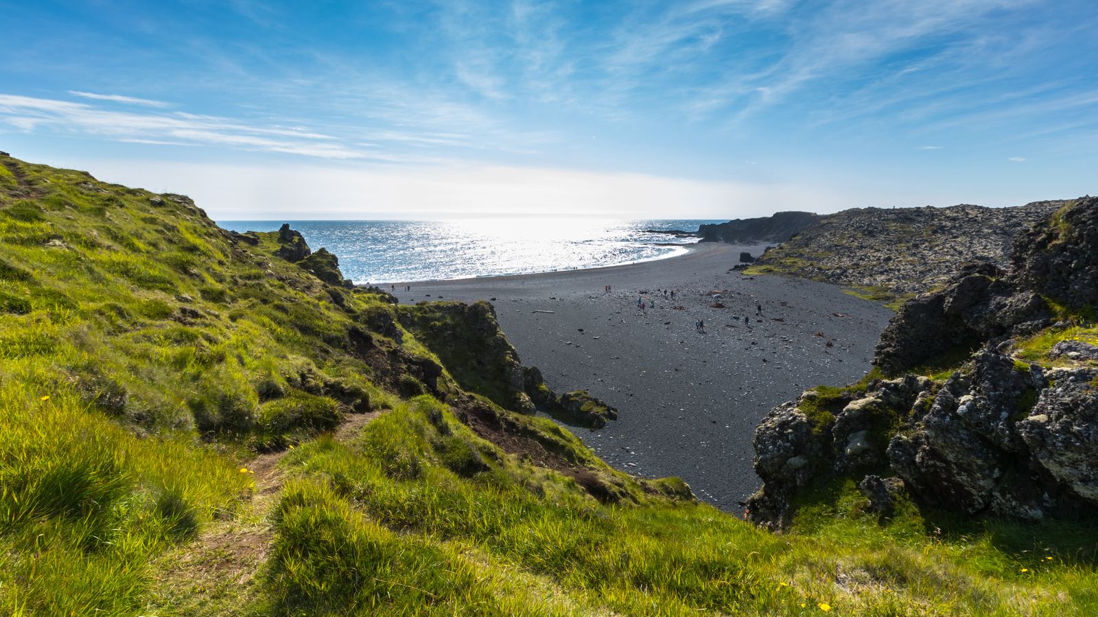 Djúpalónssandur black pebble beach and lava coast beneath Snæfellsjökull