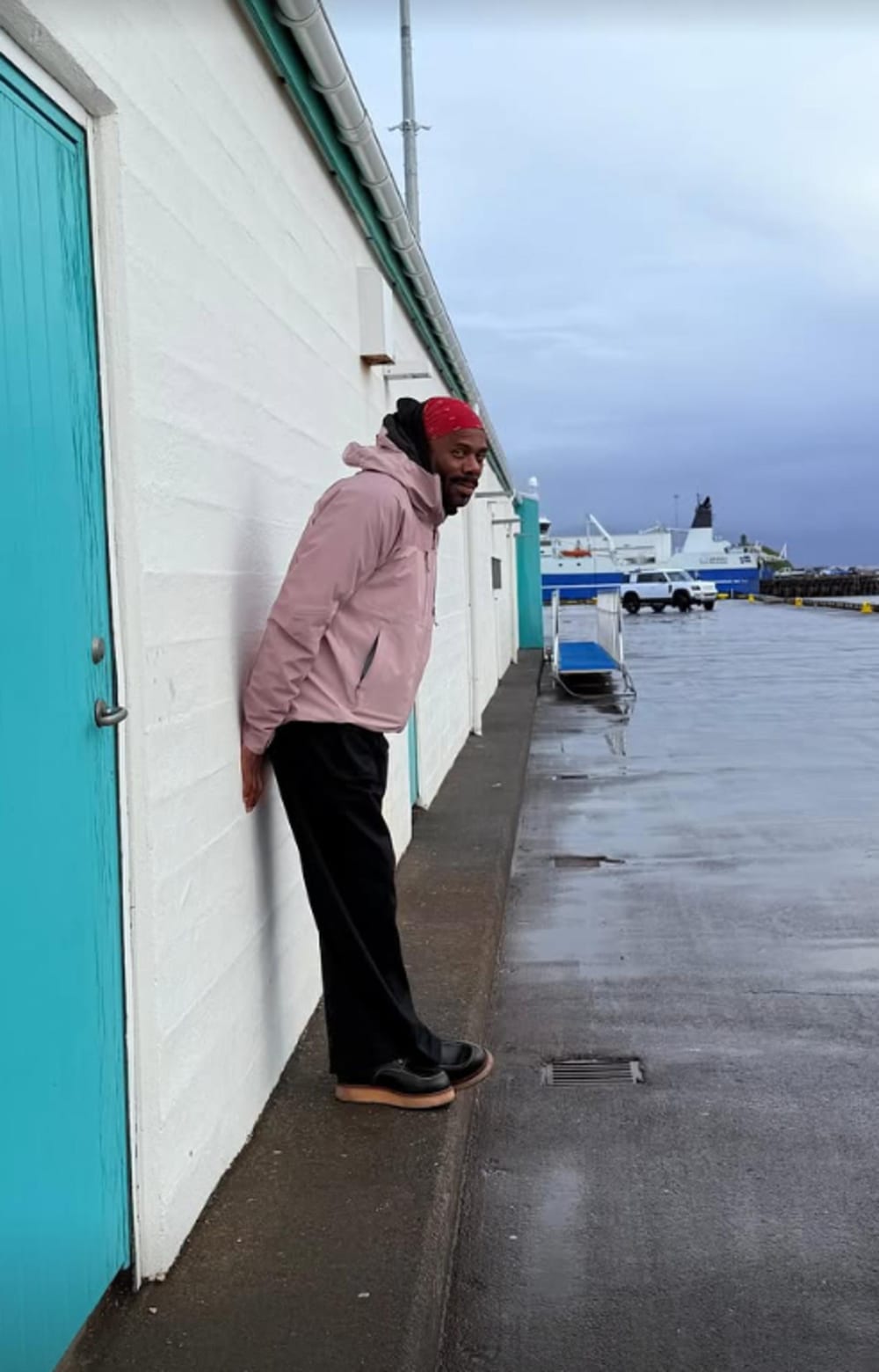 Colman Domingo by Reykjavik harbour on a rainy day