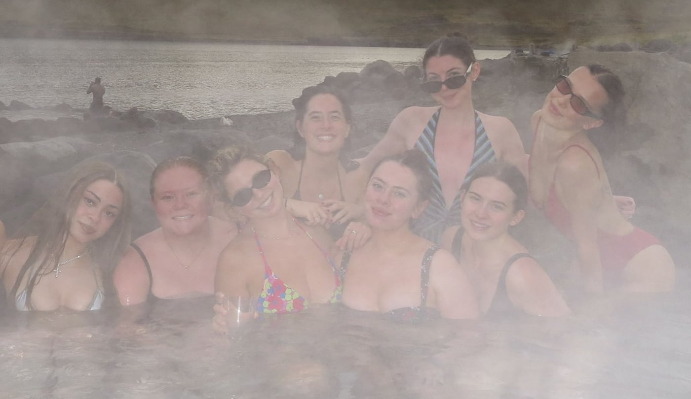 Ice Spice, Millie Bobby Brown and friends in the hot springs at Hvammsvík, Iceland