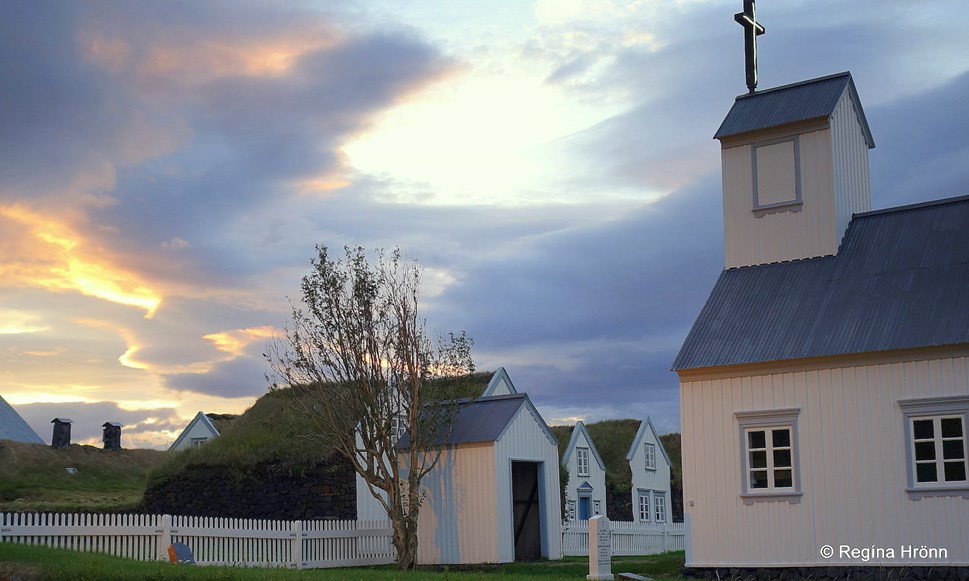 Church and turf house in the dusk