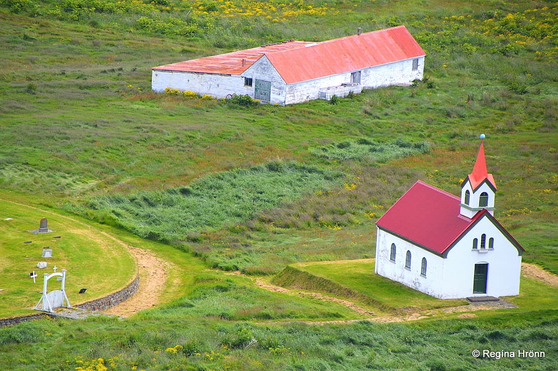 Church, graveyard and a barn in Vatnsfjörður