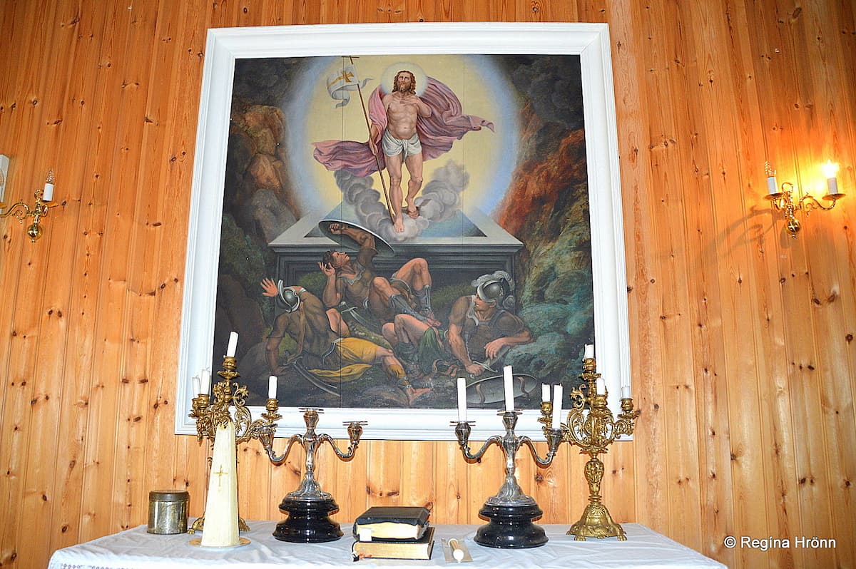 Altarpiece, candlesticks, Bibles Vatnsfjarðarkirkja church