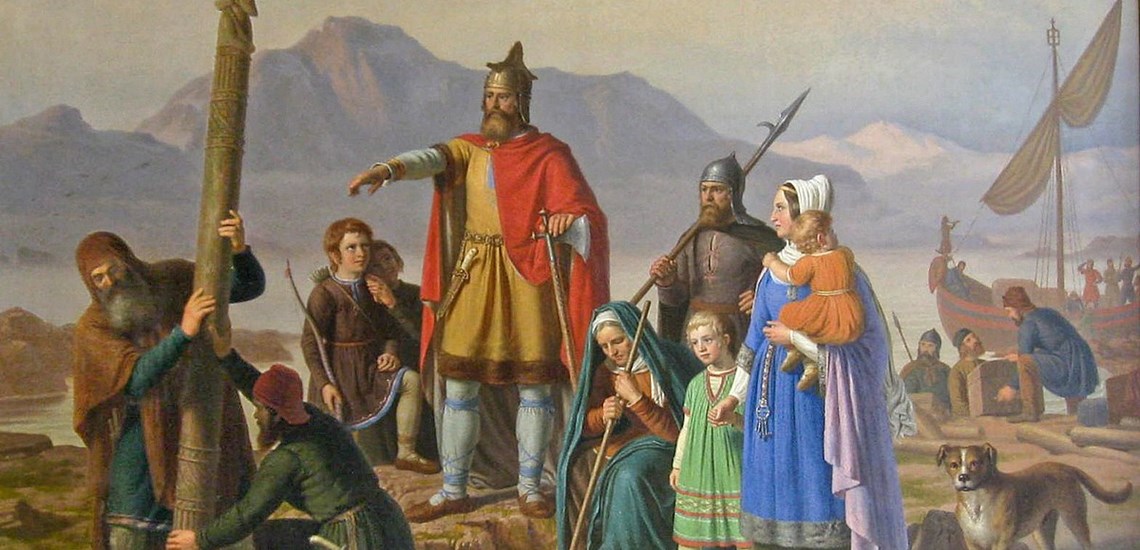 Ingólfur Arnarson, the first settler of Iceland, newly arrived in Reykjavík. He appears to be commanding his men, perhaps his slaves, to erect his high seat pillars