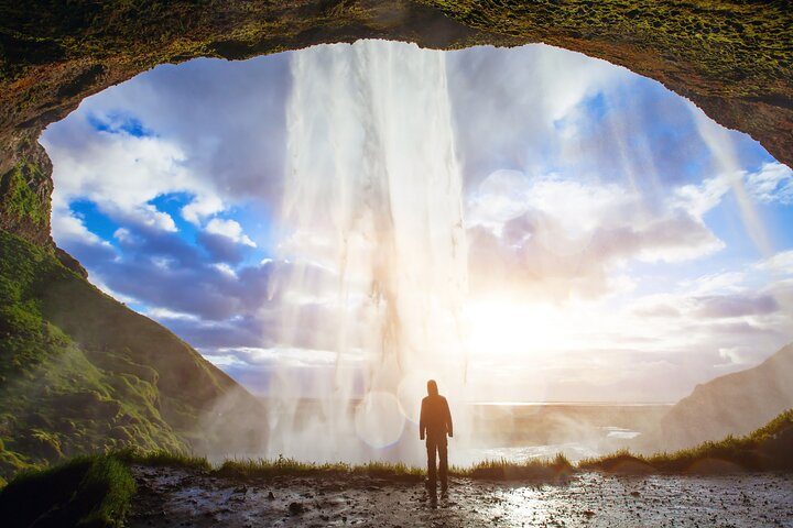 View from behind Seljalandsfoss waterfall